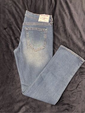 True Religion Blue Jeans with Green Stitching Accent